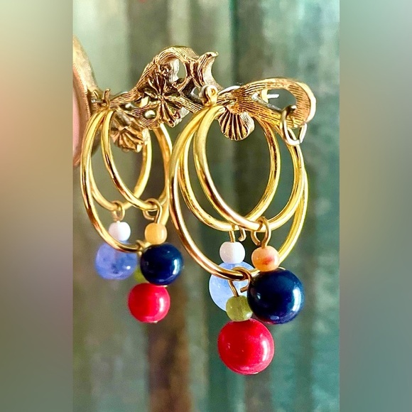 Vintage Jewelry - Vintage 70s–80s Red, Navy, Blue, Gold Tone Hoop Earrings Retro Beaded Dangles